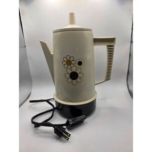 Vintage Regal Poly-Perk Electric Coffee Percolator Mod Daisy Floral 70s Cream